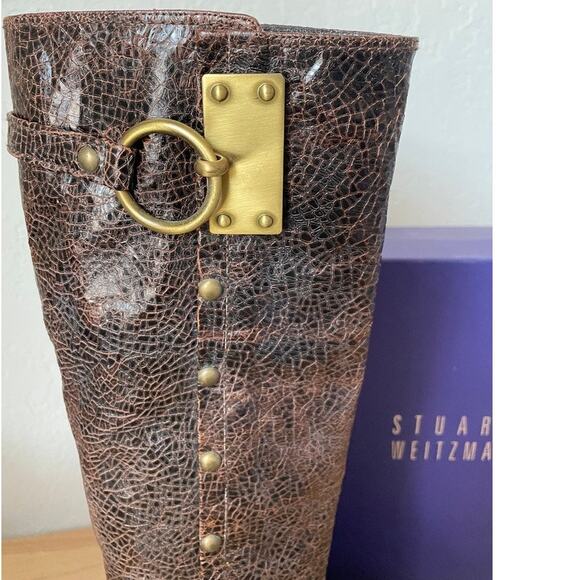 Stuart Weitzman Brown Leather Tall Boots Brass Ring - Picture 2 of 12